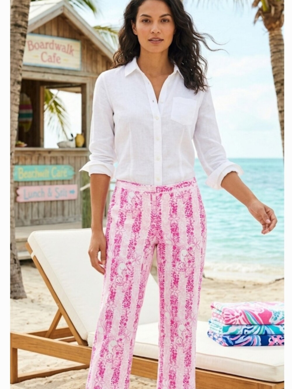 Lilly Pulitzer Liza Capri Pants Pink Boardwalk Cafe Print Vintage Size 8